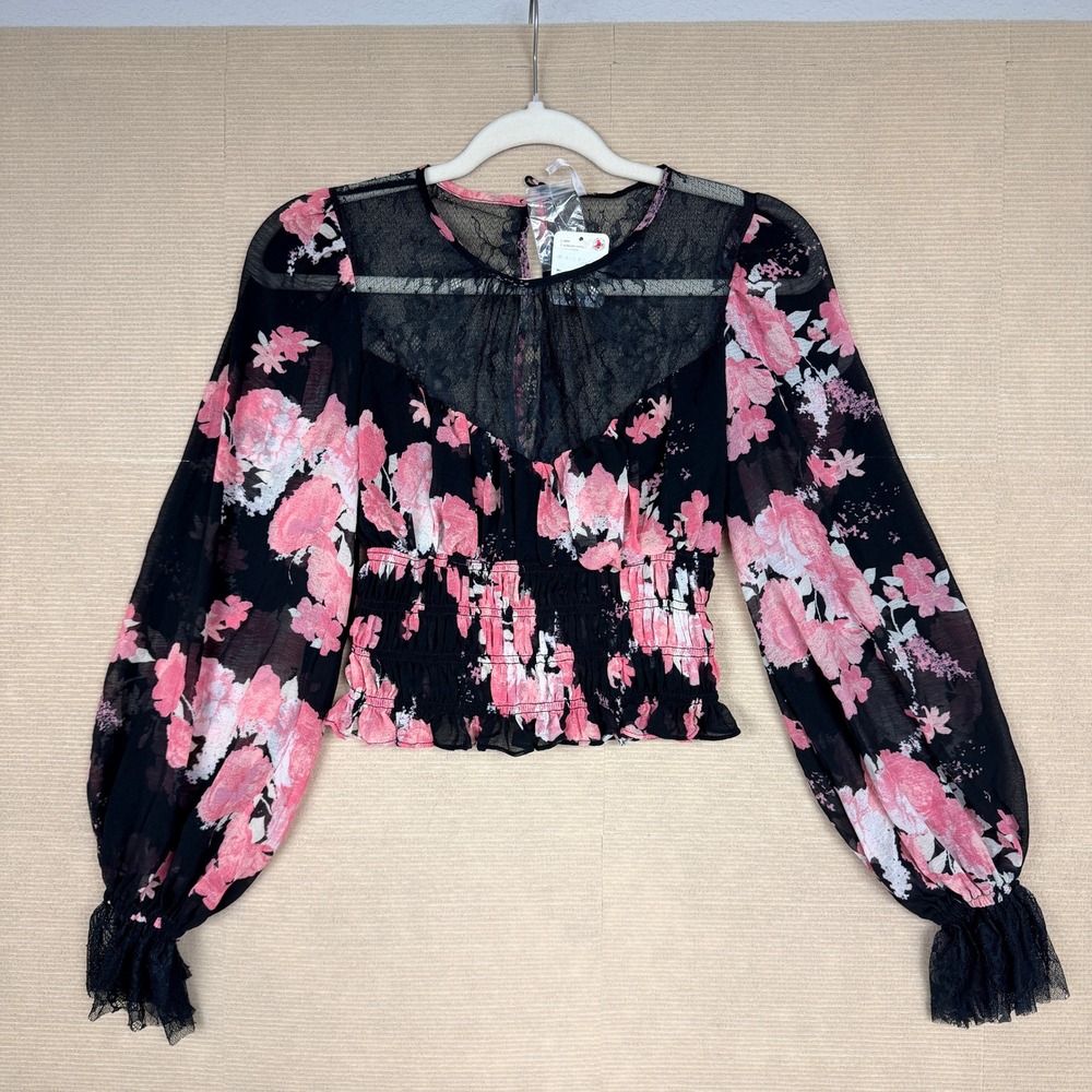 Free People Midnight Combo Floral Lace Smocked Crop Top Black Pink XS